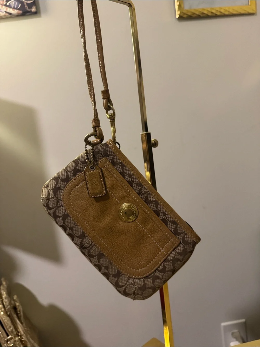 Coach Signature Mini Wristlet in Brown and Tan